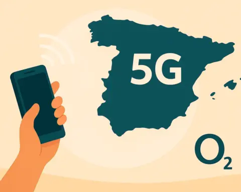 Mapa de España con señal móvil 5G de O2 y mano sosteniendo smartphone en fondo neutro