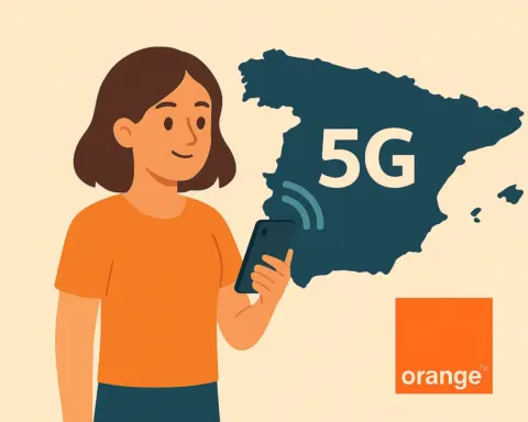 Mujer usando 5G con Orange junto al mapa de España en estilo vectorial limpio y amigable
