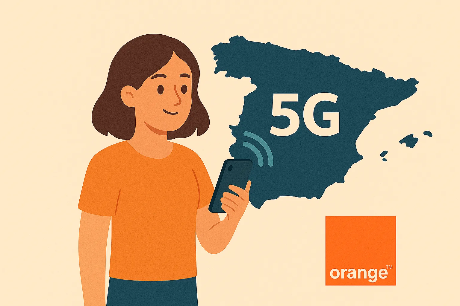Mujer usando 5G con Orange junto al mapa de España en estilo vectorial limpio y amigable