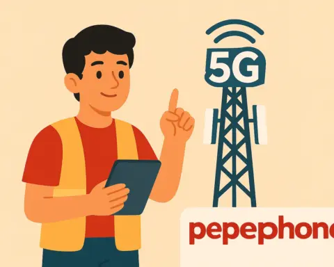 Técnico señalando una torre 5G mientras consulta una tablet, con el logo rojo de Pepephone en la parte inferior.