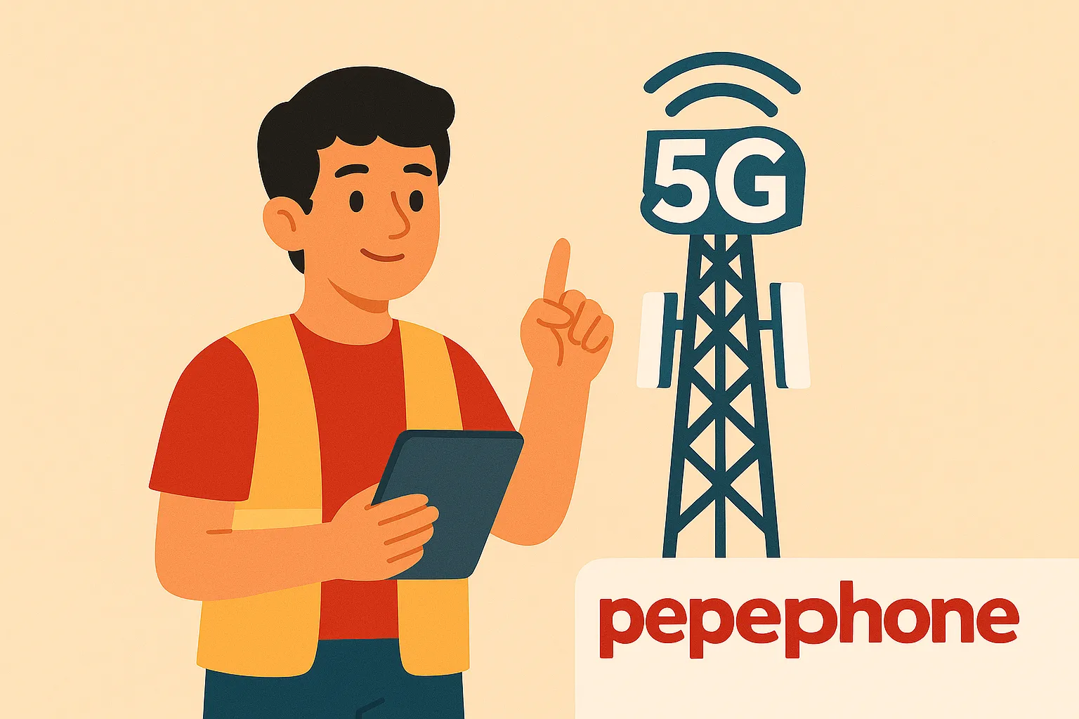 Técnico señalando una torre 5G mientras consulta una tablet, con el logo rojo de Pepephone en la parte inferior.