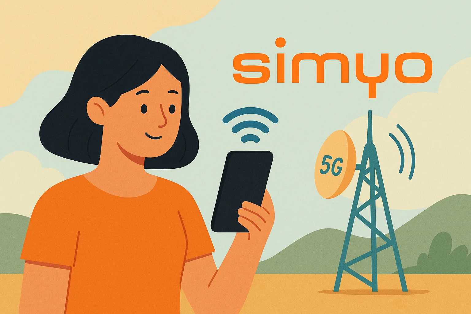 Mujer sonriendo mientras mira su móvil, con una torre 5G emitiendo señal y el logo de Simyo flotando sobre ella.