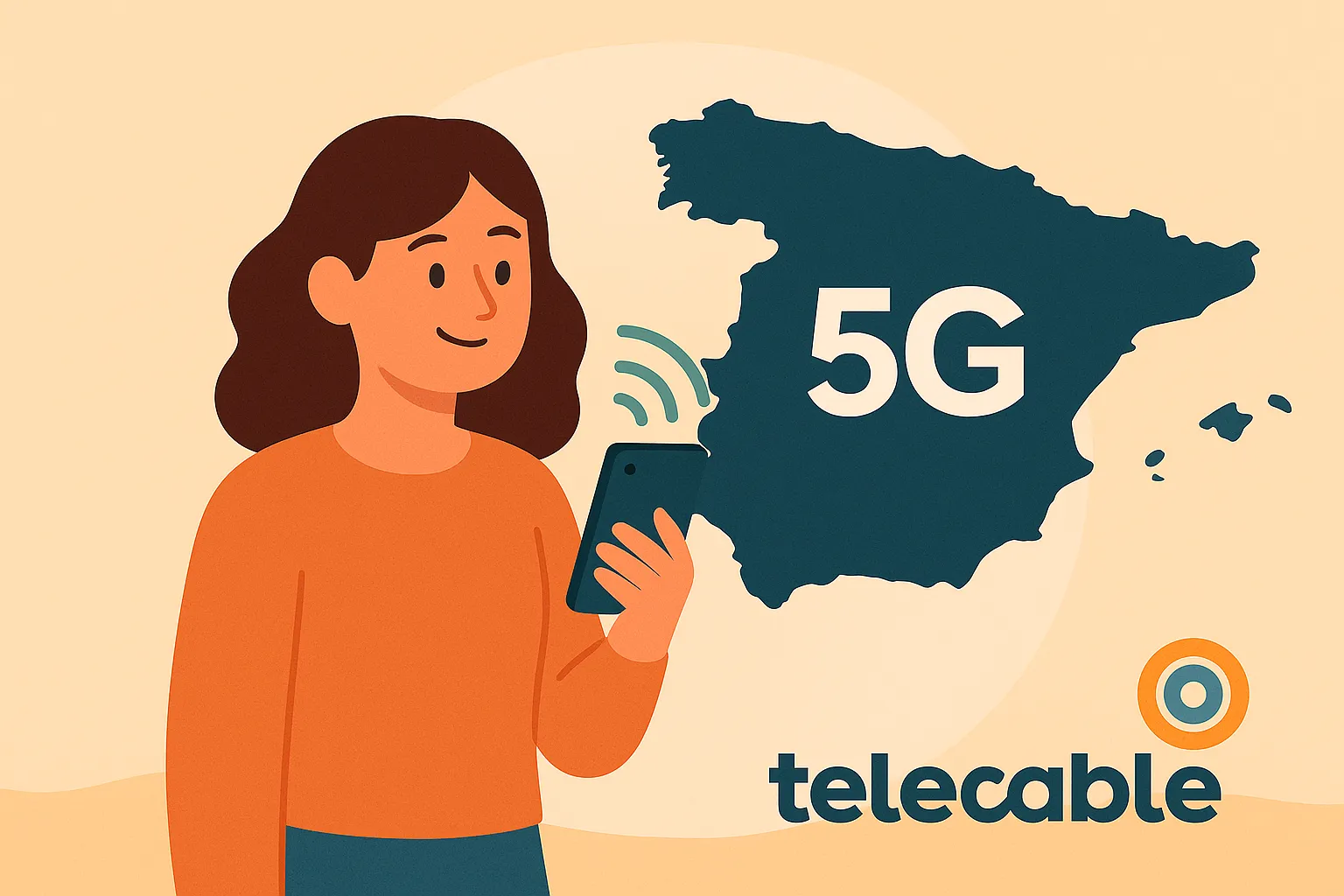 Joven observando su smartphone frente al mapa de España con cobertura 5G y el logo redondo de Telecable abajo.