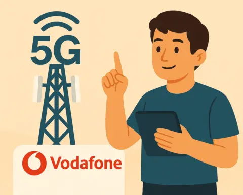Hombre usando 5G con Vodafone junto a torre de señal, en estilo ilustrado cálido y accesible