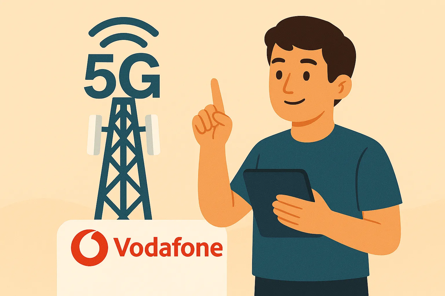Hombre usando 5G con Vodafone junto a torre de señal, en estilo ilustrado cálido y accesible