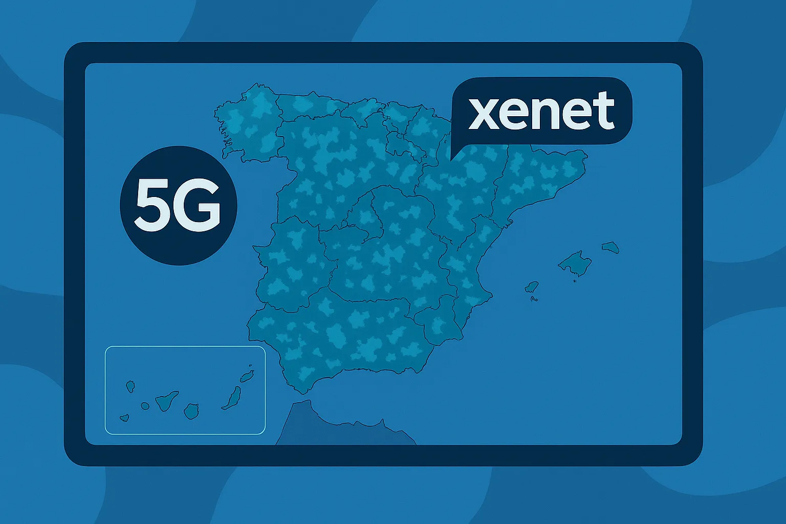 Cobertura 5G de Xenet en España mostrada en mapa digital azul