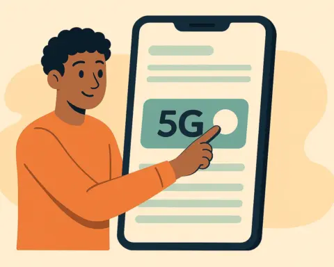 Persona activa la red 5G desde la pantalla de su móvil de gran tamaño