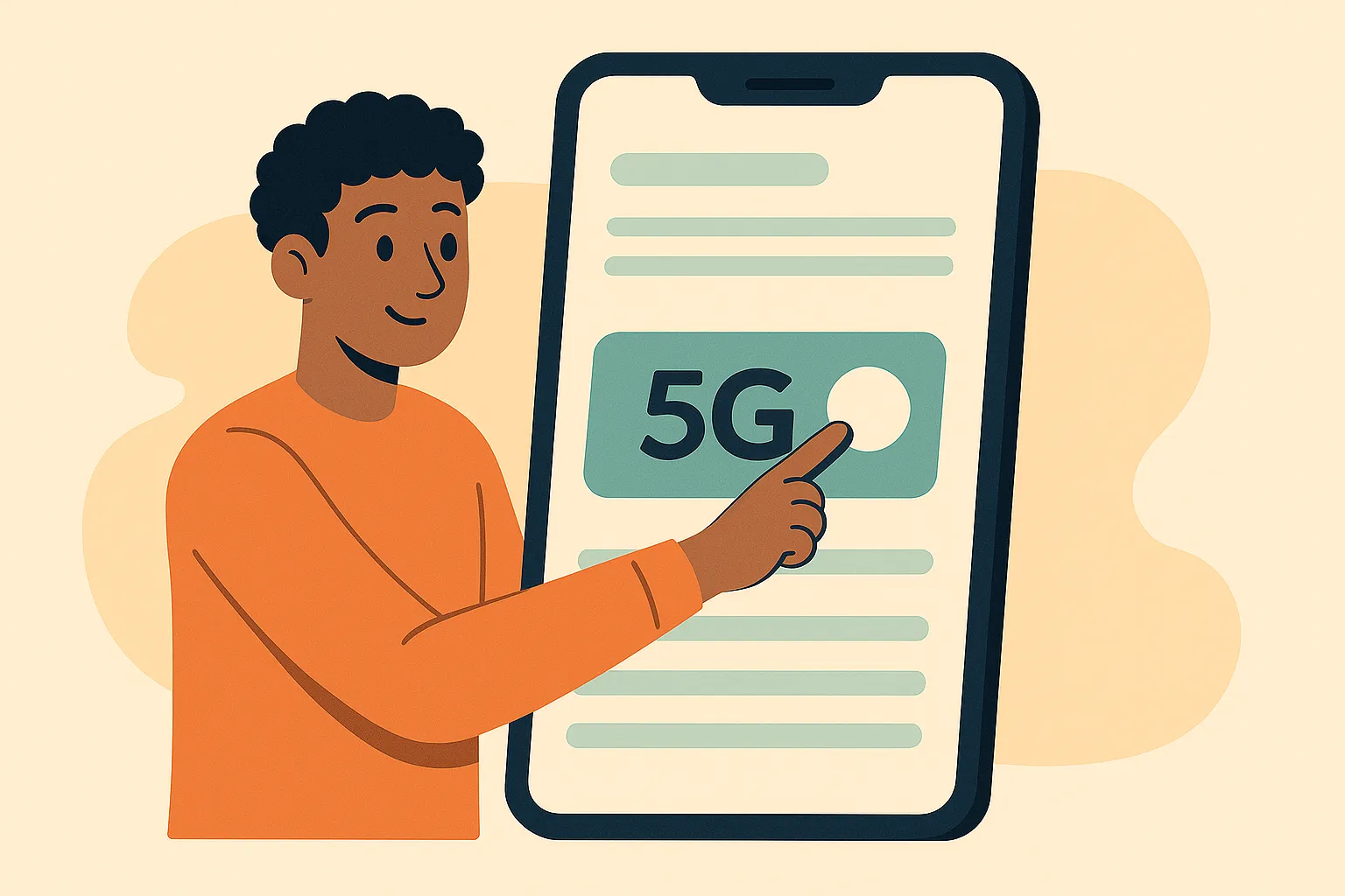 Persona activa la red 5G desde la pantalla de su móvil de gran tamaño