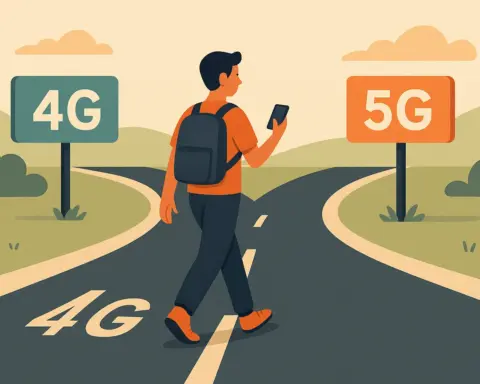 Joven con mochila camina hacia una bifurcación que indica redes 4G y 5G en el camino
