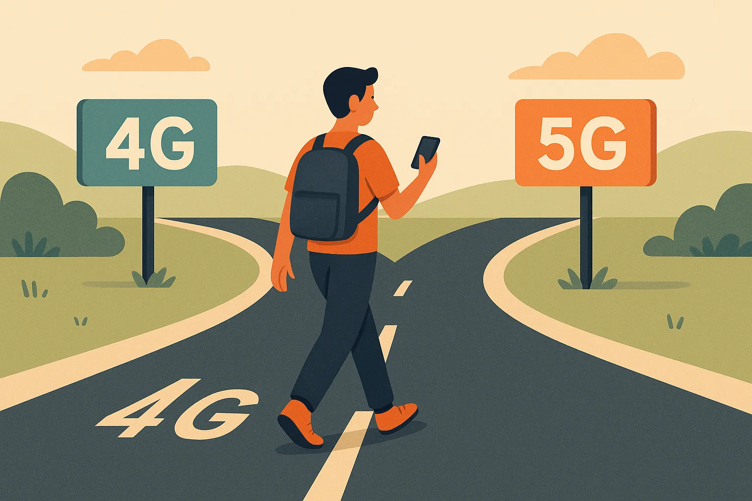 Joven con mochila camina hacia una bifurcación que indica redes 4G y 5G en el camino