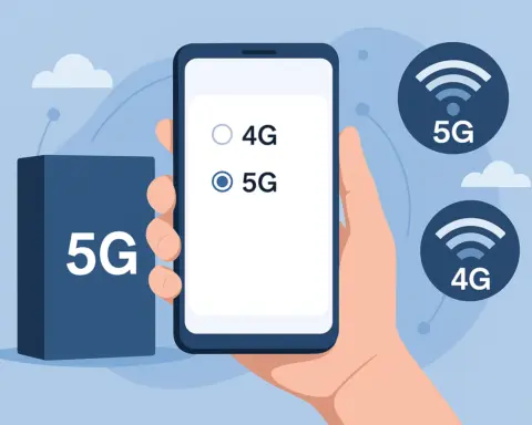 Ilustración de un móvil mostrando en pantalla la selección entre 4G y 5G, con una caja de teléfono al lado y símbolos de conectividad móvil.
