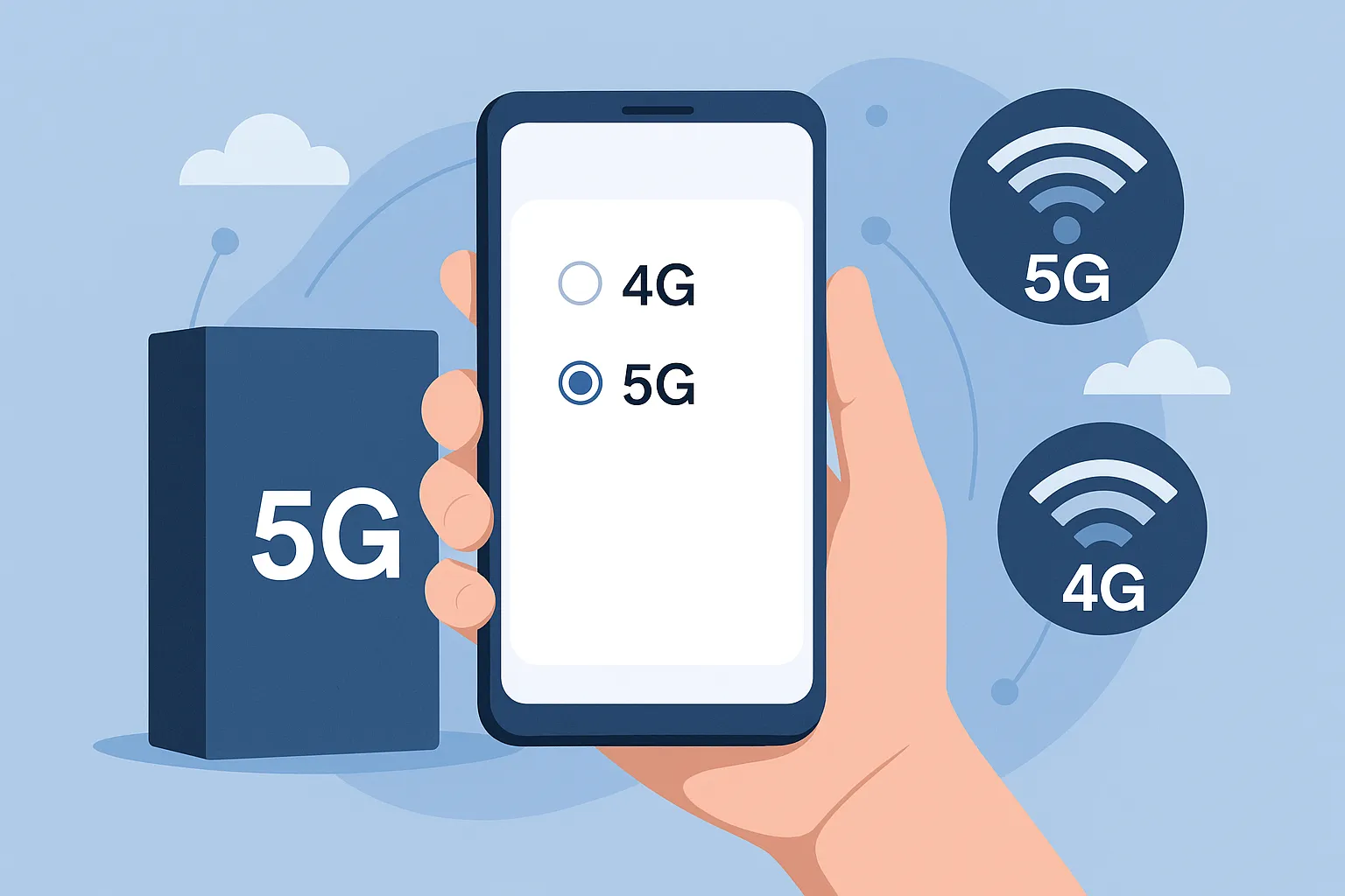 Ilustración de un móvil mostrando en pantalla la selección entre 4G y 5G, con una caja de teléfono al lado y símbolos de conectividad móvil.