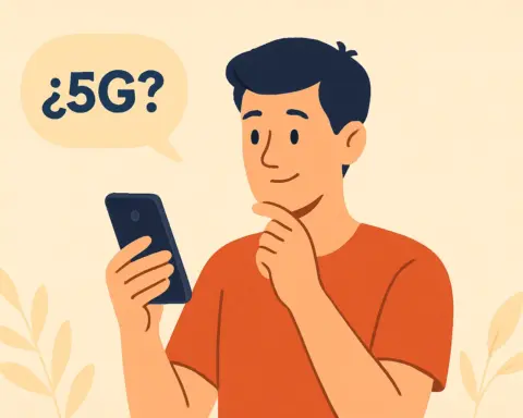 Hombre consulta su móvil con gesto pensativo mientras aparece un globo con “¿5G?”