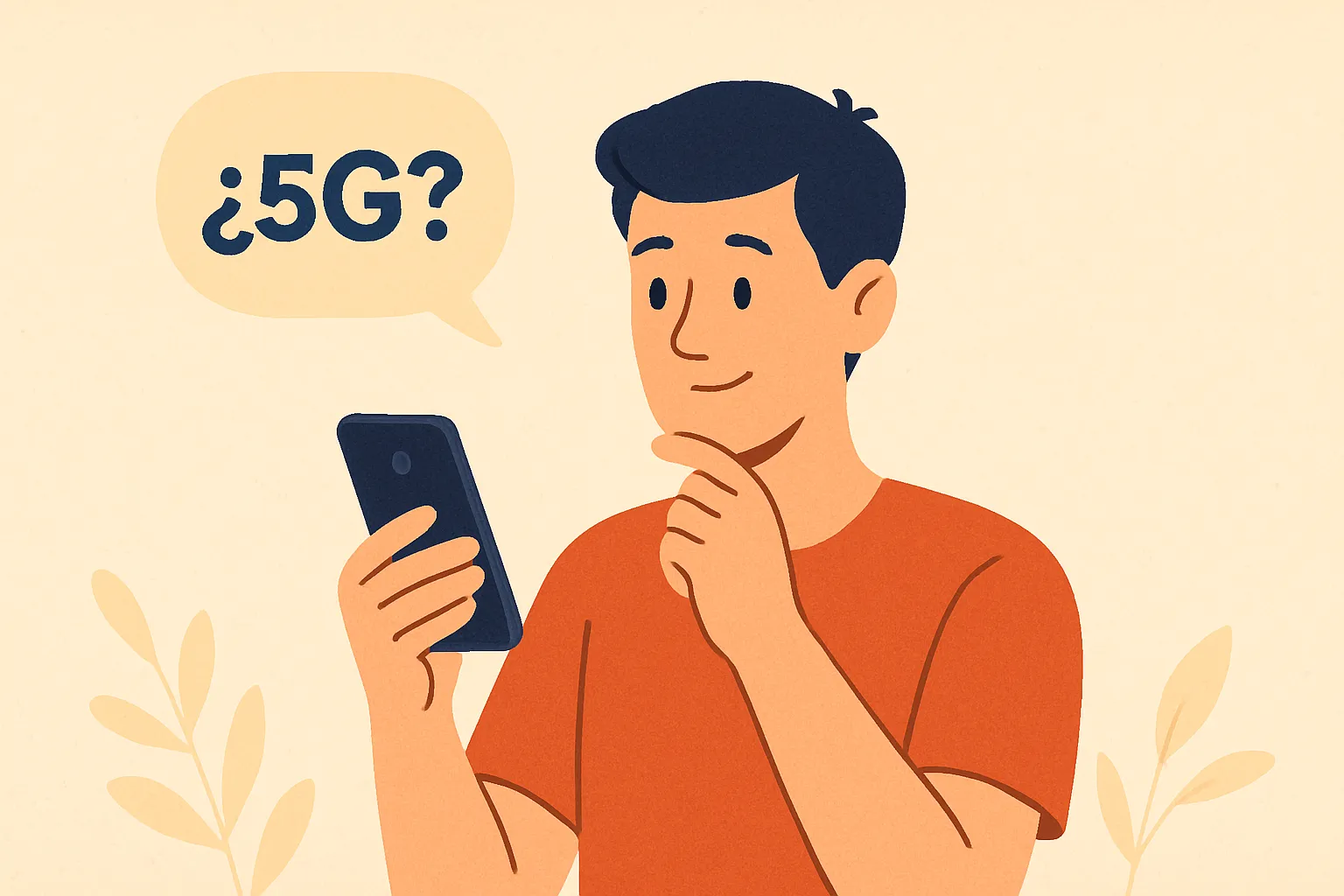 Hombre consulta su móvil con gesto pensativo mientras aparece un globo con “¿5G?”