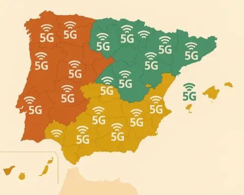 Mapa de España con colores por región mostrando cobertura 5G disponible