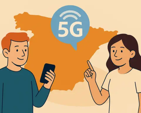 Hombre y mujer analizan cobertura 5G en España sobre un mapa con un icono de señal emergente
