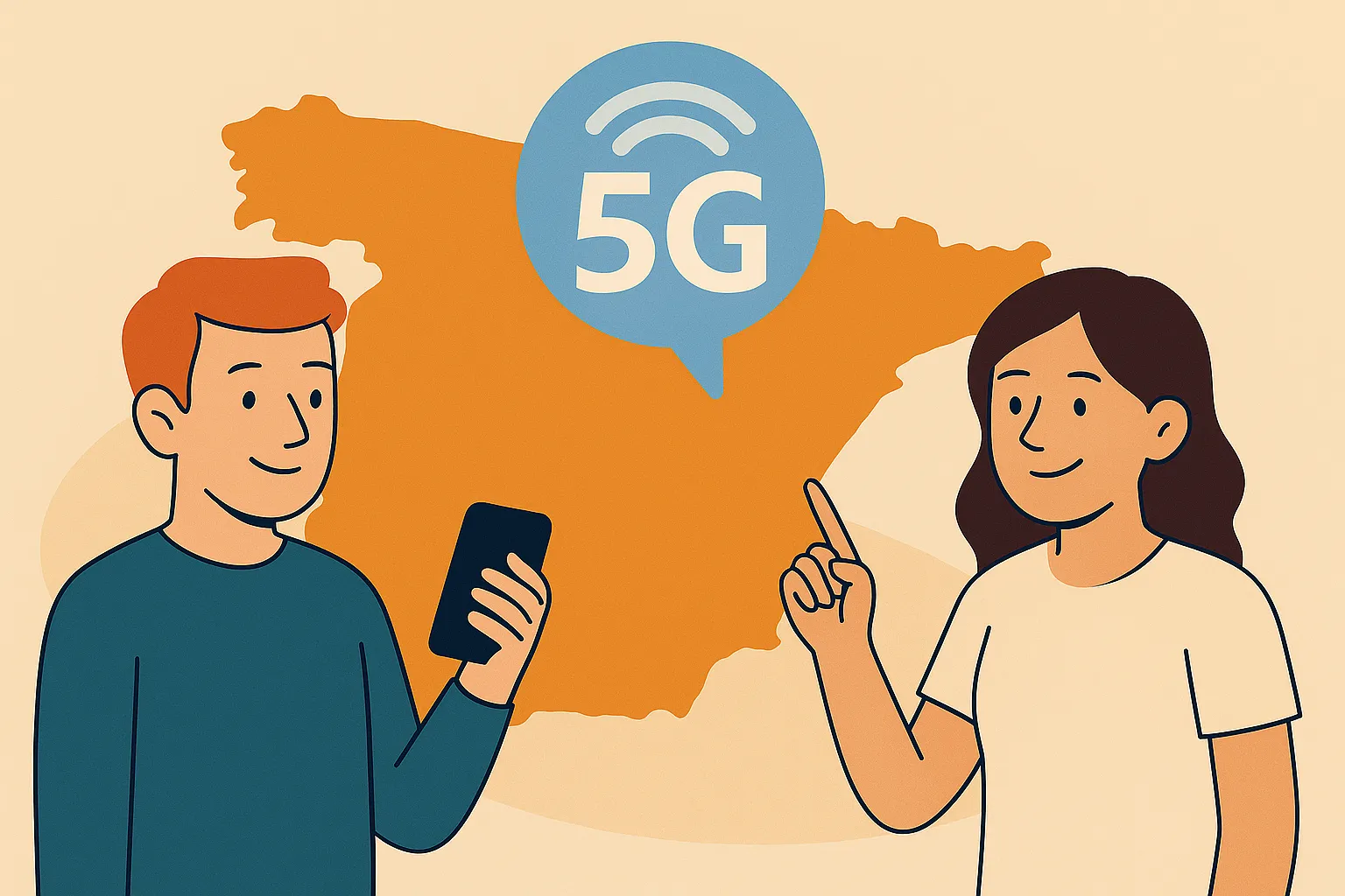 Hombre y mujer analizan cobertura 5G en España sobre un mapa con un icono de señal emergente