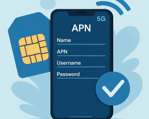 Ilustración de un smartphone mostrando la pantalla de configuración APN junto a una tarjeta SIM, un icono 5G y un check de confirmación.
