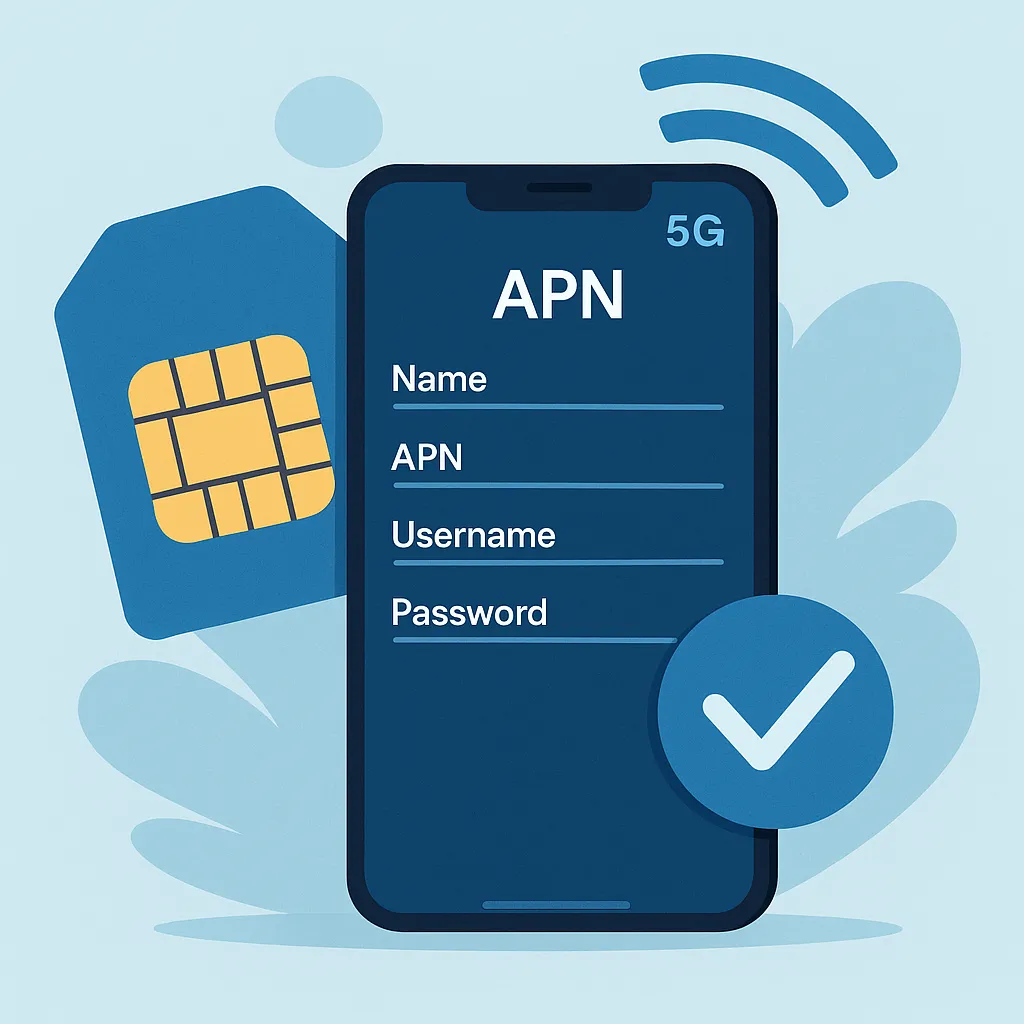 Ilustración de un smartphone mostrando la pantalla de configuración APN junto a una tarjeta SIM, un icono 5G y un check de confirmación.