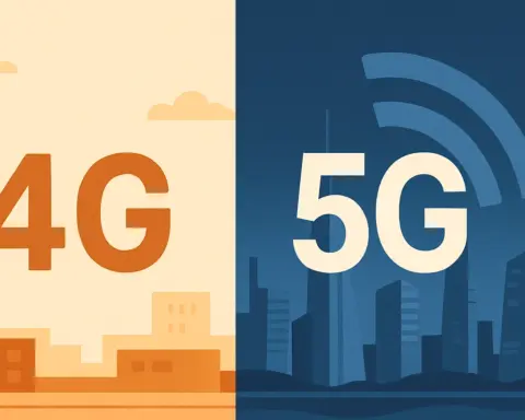 Imagen dividida muestra diferencias entre redes 4G y 5G representadas por ciudades