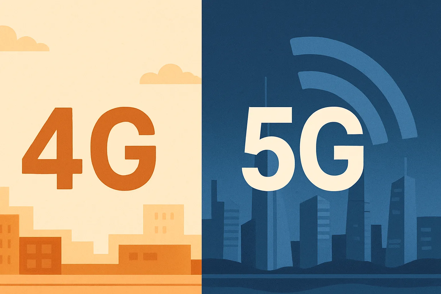 Imagen dividida muestra diferencias entre redes 4G y 5G representadas por ciudades
