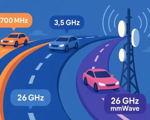 Ilustración de tres carreteras representando las bandas 5G de 700 MHz, 3,5 GHz y 26 GHz, simbolizando el alcance y velocidad de cada frecuencia.