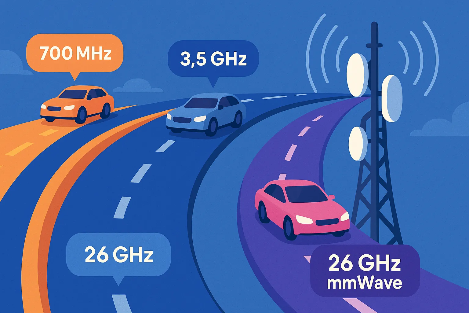 Ilustración de tres carreteras representando las bandas 5G de 700 MHz, 3,5 GHz y 26 GHz, simbolizando el alcance y velocidad de cada frecuencia.