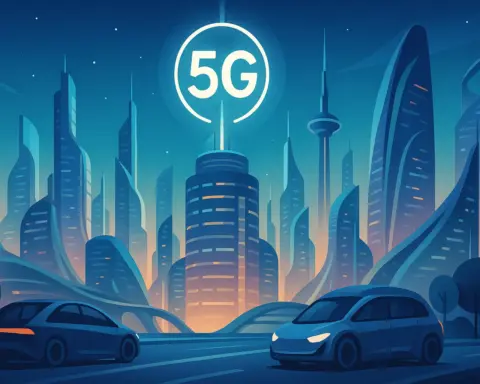 Ciudad futurista iluminada por la señal 5G en lo alto de un rascacielos