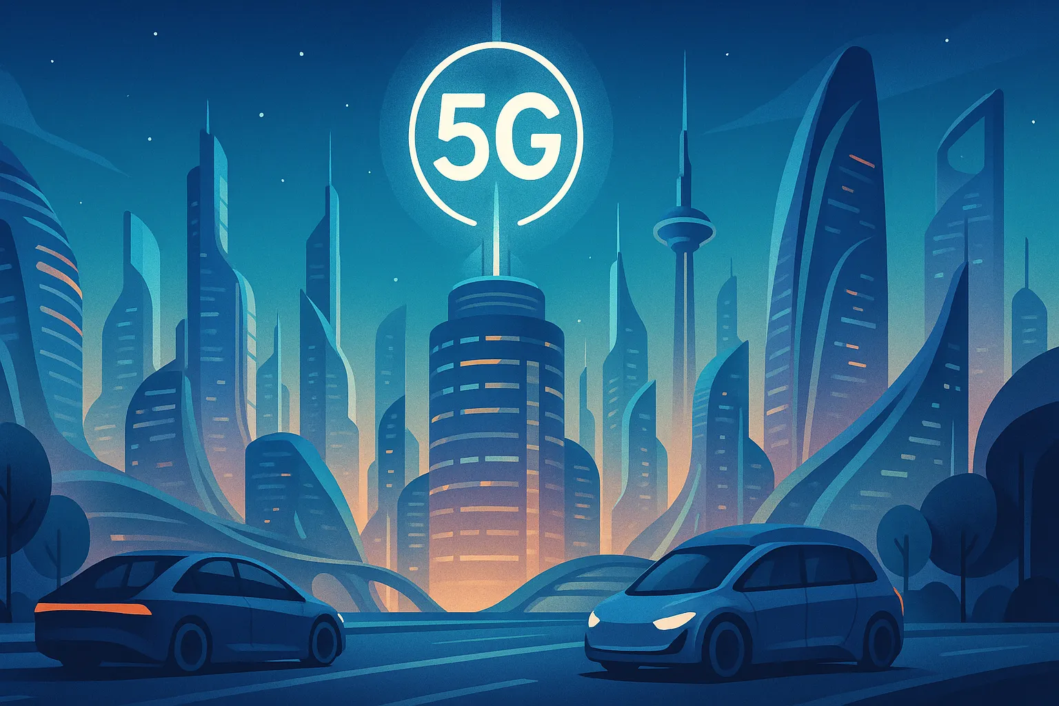 Ciudad futurista iluminada por la señal 5G en lo alto de un rascacielos