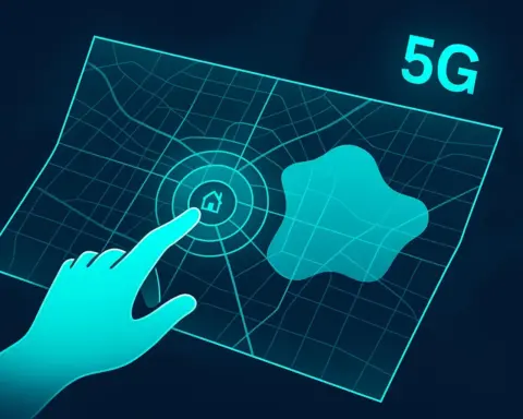 Ilustración de una mano tocando un mapa holográfico de una ciudad para revelar la mancha de cobertura 5G, simbolizando la consulta de los mapas de los operadores.