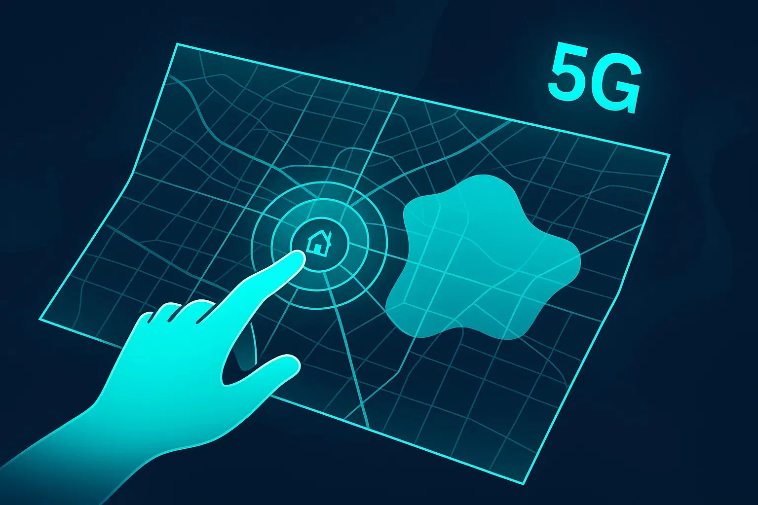 Ilustración de una mano tocando un mapa holográfico de una ciudad para revelar la mancha de cobertura 5G, simbolizando la consulta de los mapas de los operadores.