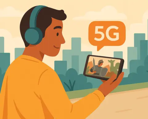 Hombre reproduce un vídeo en 5G al aire libre con rascacielos de fondo