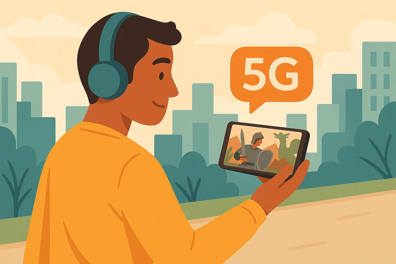 Hombre reproduce un vídeo en 5G al aire libre con rascacielos de fondo