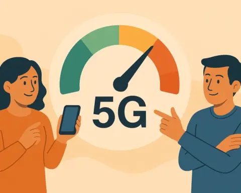 Dos personas comparan velocidades de conexión móvil bajo un velocímetro 5G