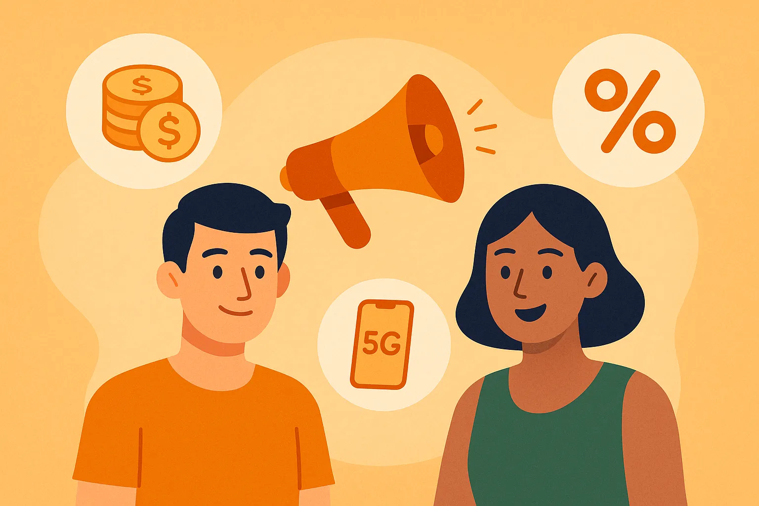 Pareja rodeada de íconos de dinero, porcentaje y móvil 5G habla sobre promociones