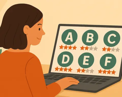 Mujer frente a portátil revisa valoraciones con estrellas de diferentes operadores móviles