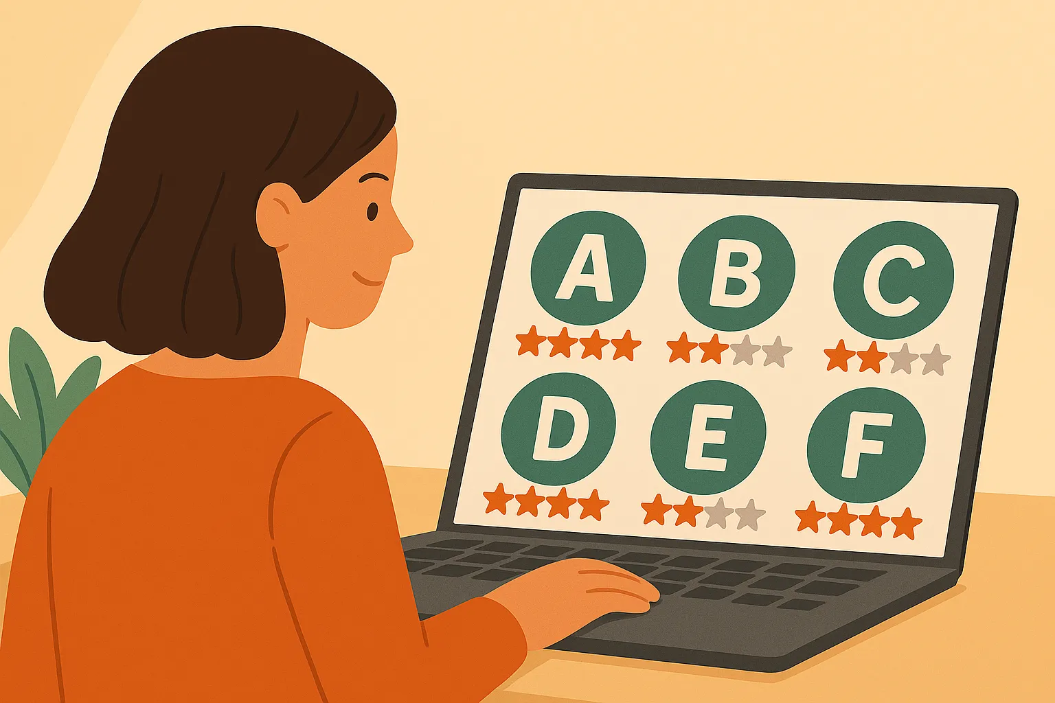 Mujer frente a portátil revisa valoraciones con estrellas de diferentes operadores móviles