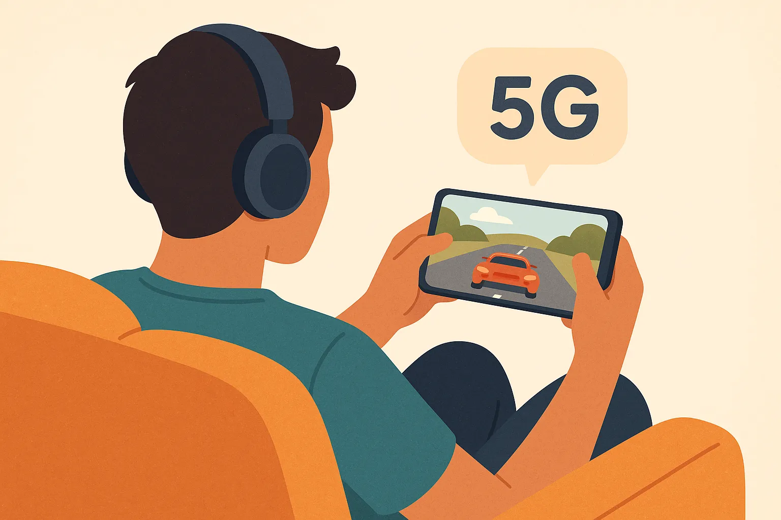 Joven juega con su móvil usando 5G mientras lleva auriculares de diadema