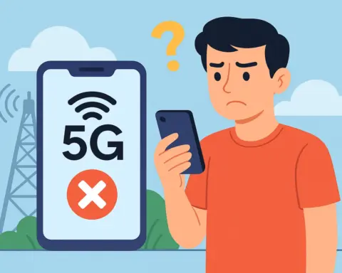 Ilustración de un usuario frustrado frente a un móvil que no muestra señal 5G, con icono de 5G tachado y torre de telecomunicaciones al fondo.