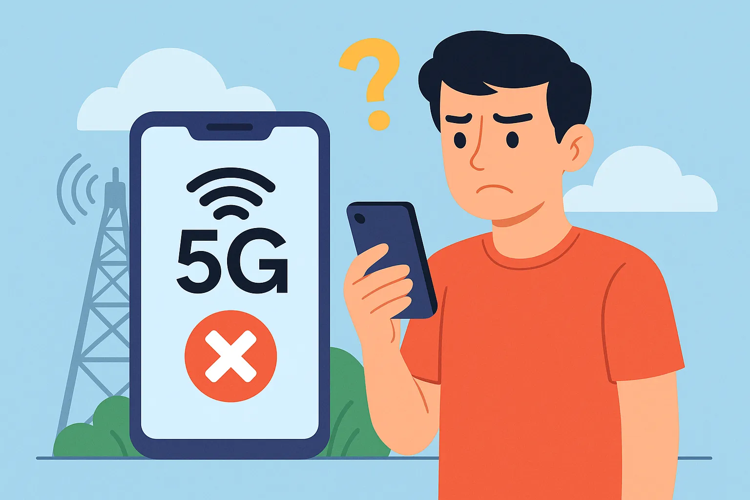 Ilustración de un usuario frustrado frente a un móvil que no muestra señal 5G, con icono de 5G tachado y torre de telecomunicaciones al fondo.