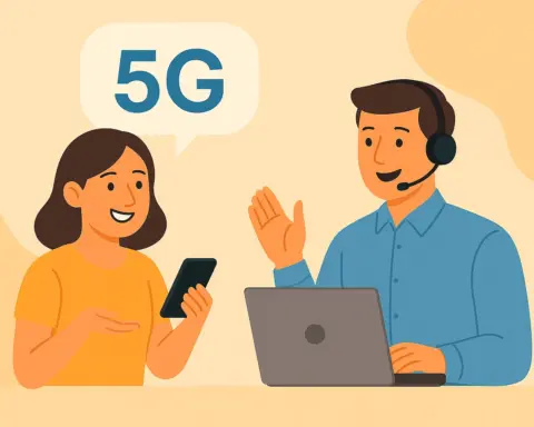 Mujer recibe ayuda sobre 5G por parte de un agente con auriculares y portátil