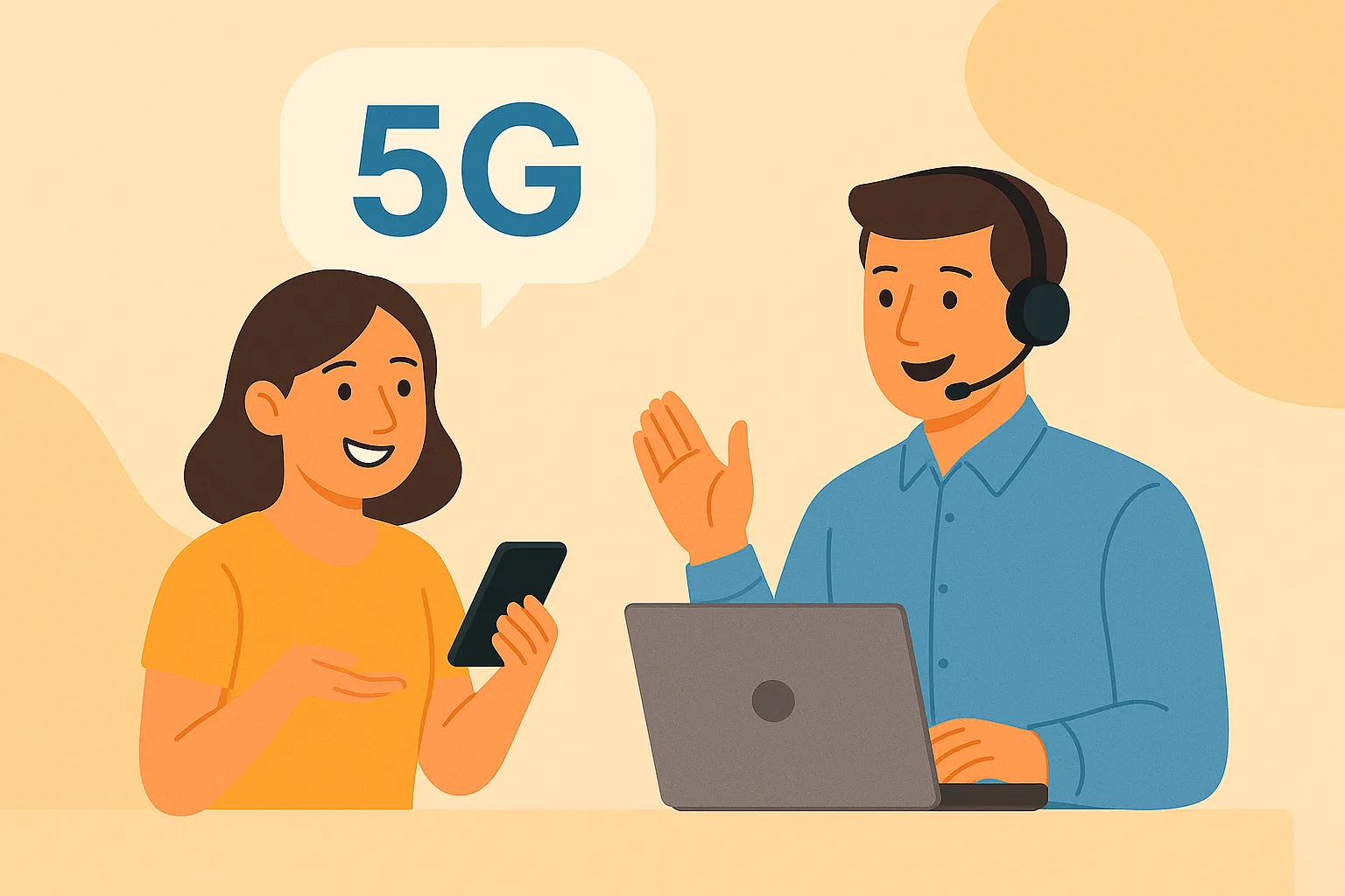 Mujer recibe ayuda sobre 5G por parte de un agente con auriculares y portátil
