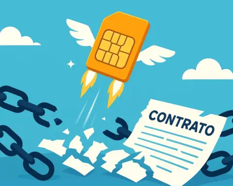 Ilustración de una tarjeta SIM volando libremente lejos de unas cadenas rotas, simbolizando las tarifas 5G sin permanencia y la libertad de no tener ataduras.