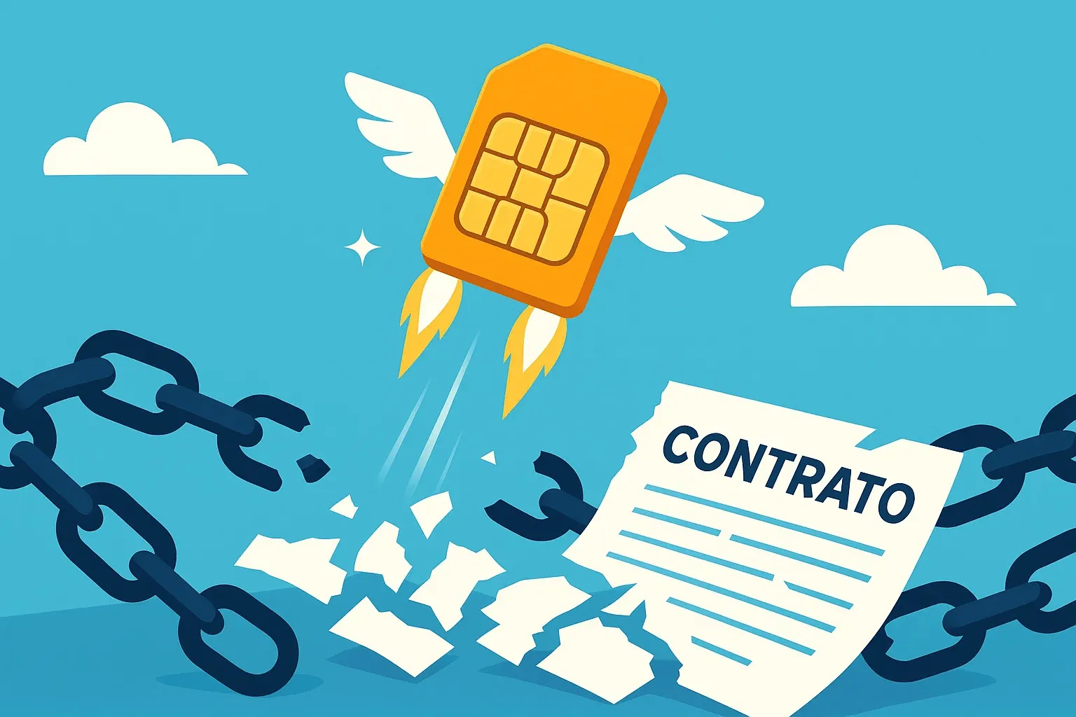 Ilustración de una tarjeta SIM volando libremente lejos de unas cadenas rotas, simbolizando las tarifas 5G sin permanencia y la libertad de no tener ataduras.