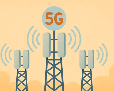 Torres de telecomunicaciones emitiendo ondas 5G sobre fondo anaranjado