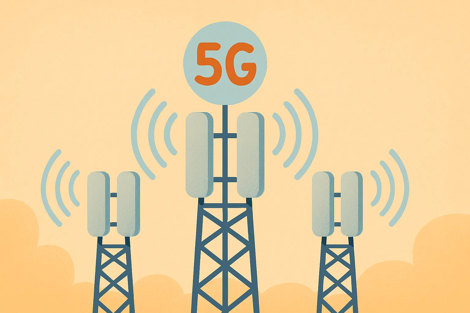 Torres de telecomunicaciones emitiendo ondas 5G sobre fondo anaranjado