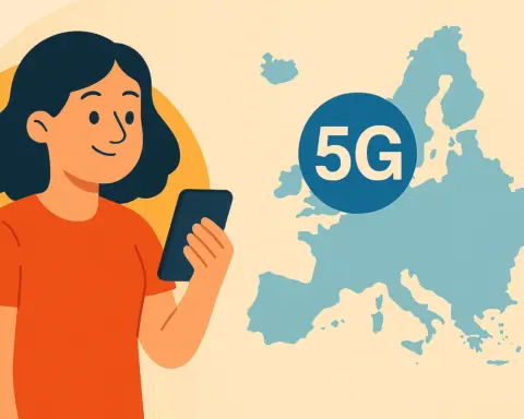 Mujer observa su móvil junto a un mapa de Europa con un icono grande de 5G