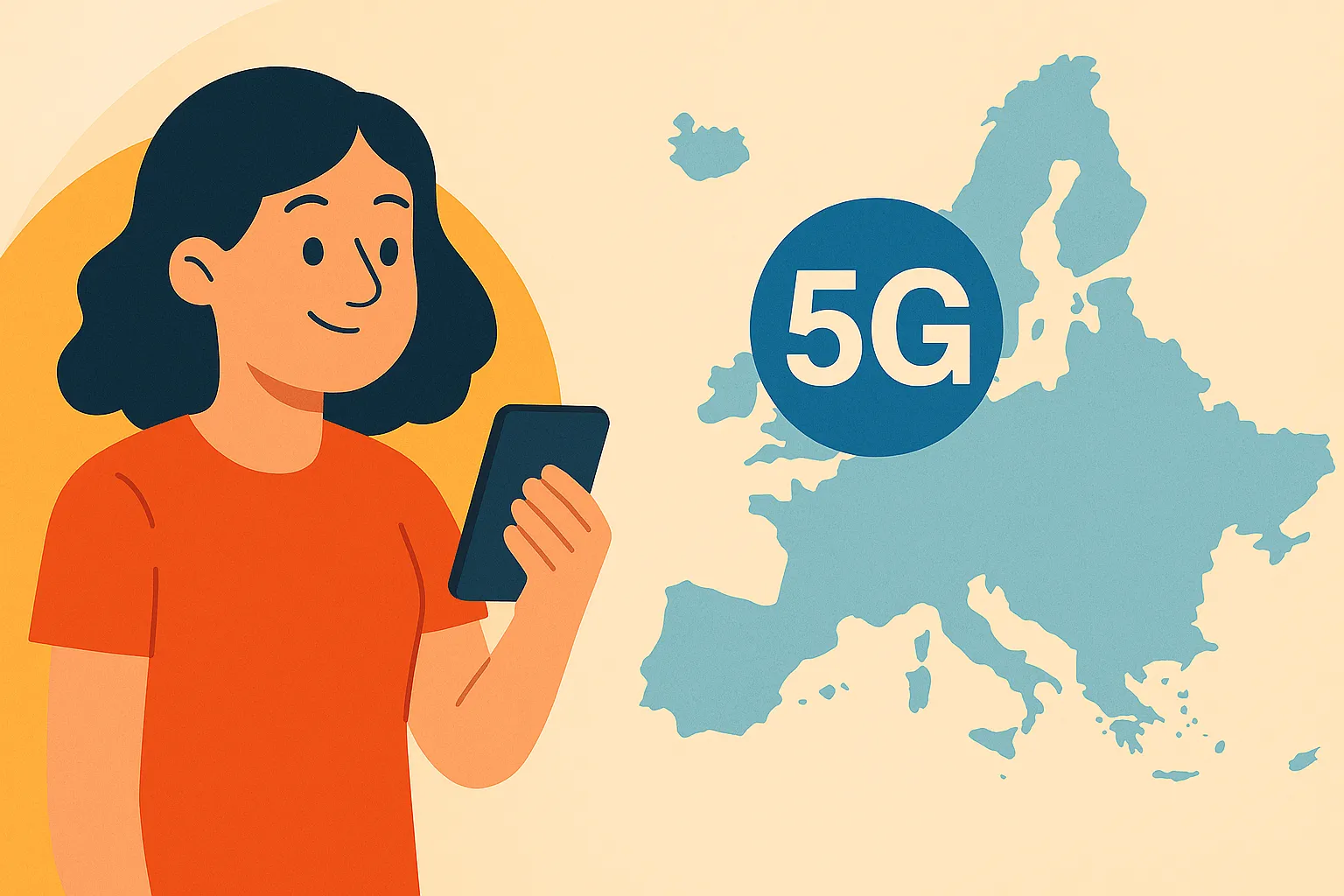 Mujer observa su móvil junto a un mapa de Europa con un icono grande de 5G