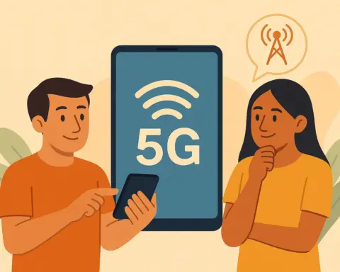 Dos personas consultan móviles frente a una pantalla gigante con el icono de 5G y una antena