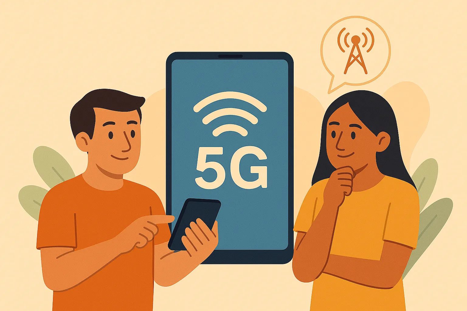 Dos personas consultan móviles frente a una pantalla gigante con el icono de 5G y una antena